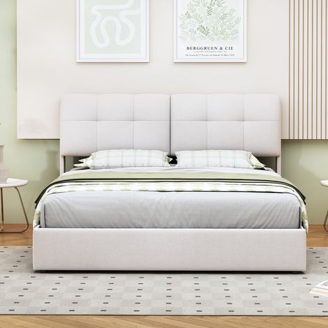 Cadre de lit Queen Size avec espace de rangement, cadre de lit Queen Size surélevé avec tête de lit, lit de plate - forme rembourré avec lumière LED (140200cm) (1/5)