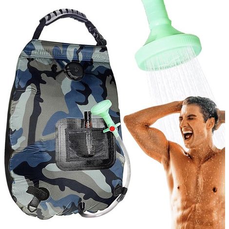 Color camuflaje, ducha portátil energía solar, calefacción solar 20 litros (5 galones) manguera desmontable cabezal interruptor encendido/apagado (1/5)