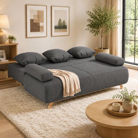 Sofá cama con respaldo ajustable, arcón oculto y tapizado de cuerda gris (1/5)