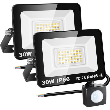 2x 30W Projecteur d'extérieur Led Avec Detecteur de Mouvement, 3000 LM 3000K Blanche Chaud, IP66 étanche Éclairage de Sécurité Extérieur, Projecteur led de Patio Garage Terrasse Jardin (1/5)