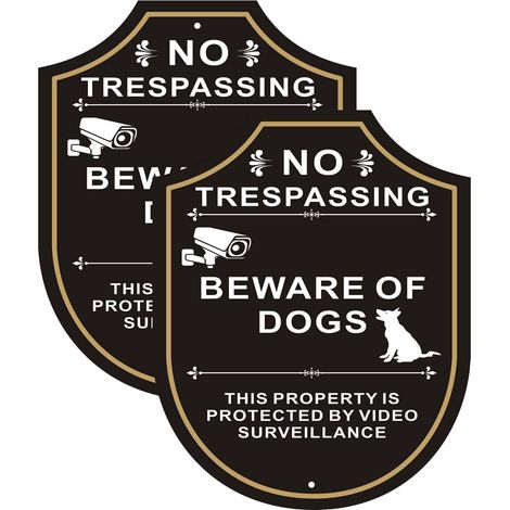 Lot de 2 panneaux Beware of Dog pour clôture, 24,4 x 19,6 cm, No Trespassing This Property is Protected by Video Surveillance Sign, en aluminium antirouille et résistant à la décoloration, montage (1/5)