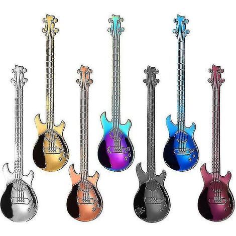 Ensemble de 7 cuillères, ensemble de cuillères en acier inoxydable colorées en forme de guitare, petite cuillère pour la maison, cuillère à dessert, cuillère à glace, cuillère à yaourt, cuillère à thé (1/3)