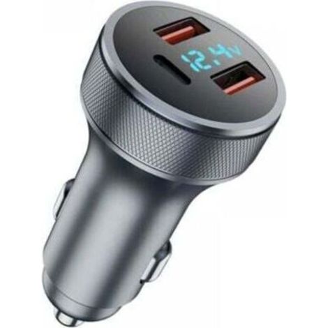 Cargador USB para coche de 72 W, adaptador de carga rápida, metálico, doble puerto USB, cargador USB para coche con voltímetro LED.