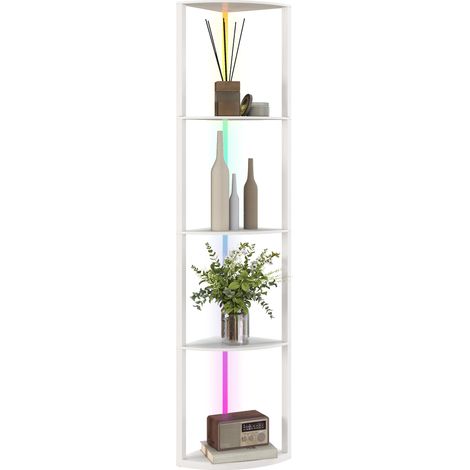 RGB LED Floor Lamp with Shelves, 5-Tier Dimmable Standing Lamp with Adjustable Brightness Remote Control, Modern Corner Display Shelf Unit for Living Room Bedroom Office, White (1/5)
