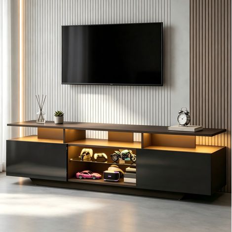 DESMIU Meuble TV 2 portes 8 niches avec LED et étagères en verre trempé pour salon, MDF, noir, 160 × 40 × 45 cm (1/5)