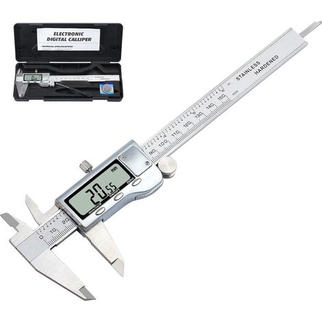 Calibro digitale in acciaio inox da 150 mm per lunghezza, larghezza, profondità, diametro interno/esterno mm/pollici/piedi (1/5)