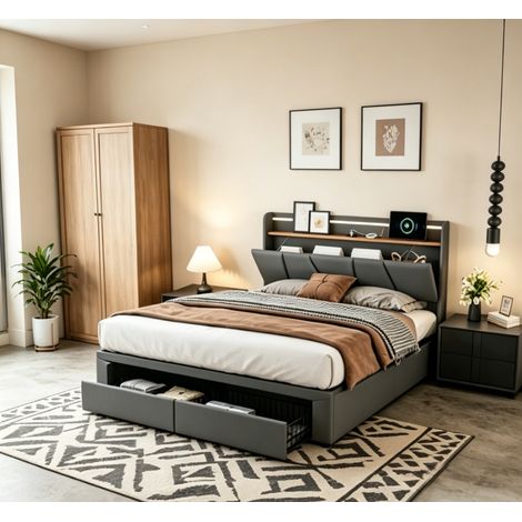 Polsterbett Doppelbett 160 x 200 cm, Hydraulisches Bett mit LED und USB-Ladefunktion, modern Bett mit Stauraum und Kopfteil, Bettgestell mit Lattenrost, Leinen Grau, Ohne Matratze (1/5)