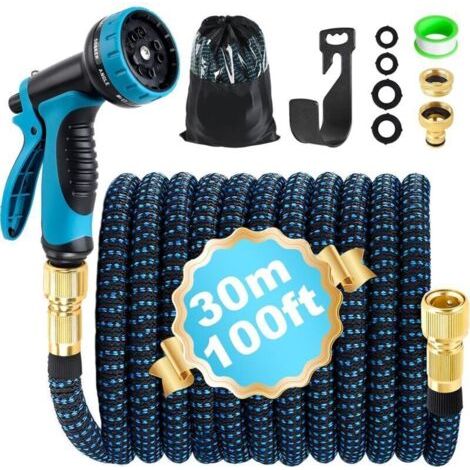 Tuyau d'arrosage télescopique bleu de 30 m adapté à l'irrigation du jardin, au nettoyage, au jardinage et au lavage de voiture (1/4)