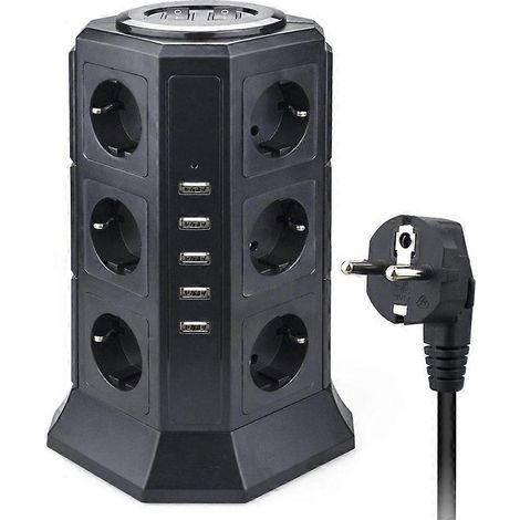 Multiprise verticale avec protection contre les surtensions, multiprise à 12 prises, prise universelle, 5 ports USB, rallonge de 2 mètres. (1/4)