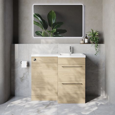 Napoli 390 Light Oak 1000mm 2 Drawer Vanity Unit Toilet Suite with Right Hand Square Lucia Basin - 1000mm - Chrome 320mm HandleWithout Kingston Toilet Pan
