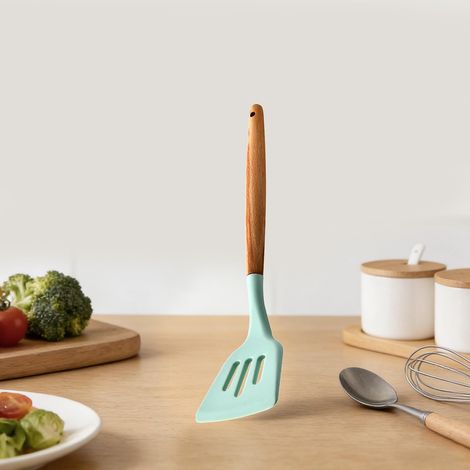 1 ustensile de cuisine en silicone avec manche en bois - Plusieurs styles disponibles, outil de cuisine résistant à la chaleur pour remuer, retourner et servir des aliments, accessoire de cuisine (1/5)