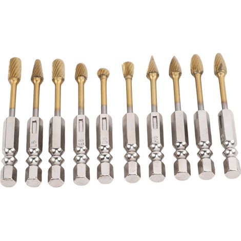 Set of 10 1/4" Rotary Router Bits - Ti Coated, Tungsten Steel, Dual Size, for Metal/Wood/Stone (1/5)