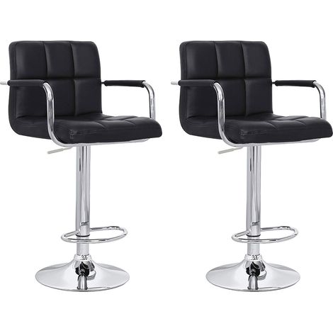 Happy Garden – Lot de 2 tabourets de bar noir avec accoudoirs – Hauteur d'assise réglable 63 à 83cm – Assise pivotante 360° – Structure en acier chromé