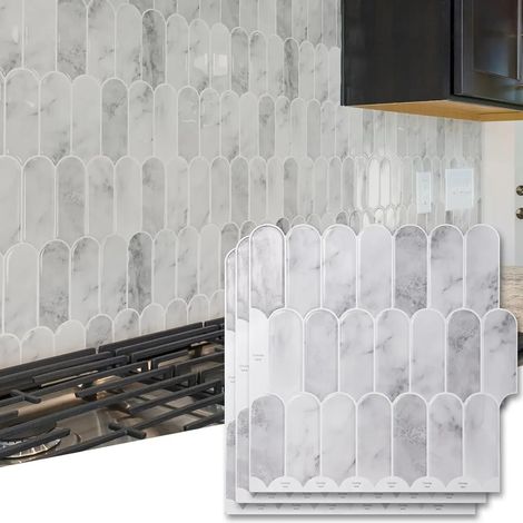 Lot de 5 Carreaux muraux 3D autocollants, carrelage adhesif mural, credence adhesive pour cuisine, salle de bain, décoration murale Blanc (1/5)