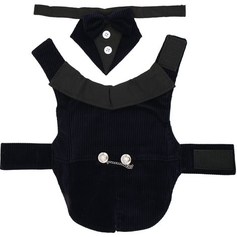 1 costume smoking pour chien, velours côtelé, nœud papillon amovible, bleu marine, taille petite à moyenne (1/5)