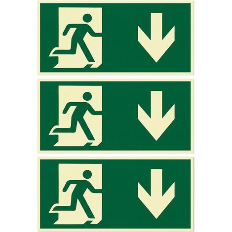 Lot de 3 Panneau Sortie de Secours Luminescent 30x15 cm, Autocollant Signalisation Évacuation Phosphorescent Flèche Bas, PVC Résistant Adhésif Visible en Cas de Panne de Courant (1/5)
