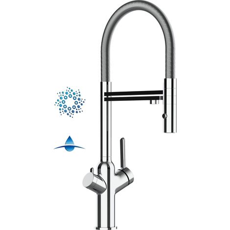 Rubinetto 4 vie miscelatore cucina cromato con canale separato per acqua filtrata, canna mollettone movibile e doccia due getti staccabile - serie BOD (1/5)