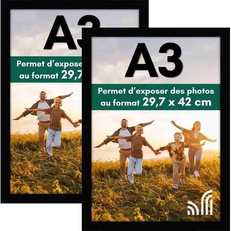Cadre Photo A3 Noir - Cadre A3 en MDF avec Verre Incassable Poli et Matériel de Suspension Intégré - Format Horizontal et Vertical pour Mur - Lot de 2 (1/5)