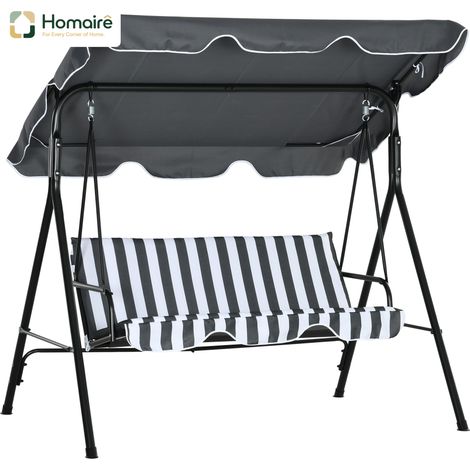 HOMAIRE Hollywoodschaukel 3-Sitzer mit Sitzpolster, verstellbarem Sonnendach, belastbar bis 240 kg, für Garten und Terrasse, Grau+Weiß