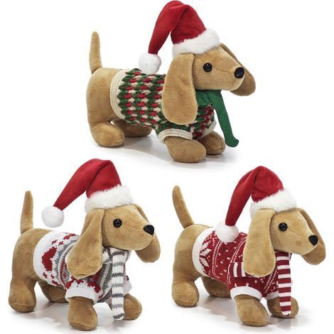 Set di 3  Cane Bassotto Natalizio Morbido H20 cm con Cappello rosso Babbo Natale Sciarpa e Maglioncino Lavorato a Maglia Pupazzo Peluche Decorativo per Casa Feste idee regalo (1/5)