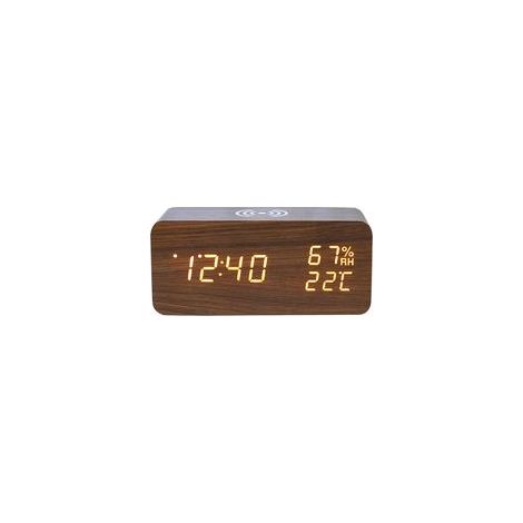 Horloge numérique en bois – Radio-réveil – Chargeur sans fil – Station météo (1/4)
