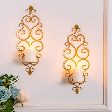 Decoración de pared de hierro forjado, Soporte de velas geométrico, Decoración de iluminación para salón comedor bar, Dorado (1/5)