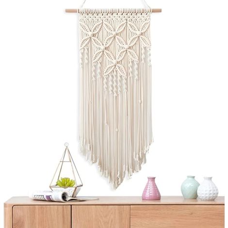 murale en macramé - Style bohème - En coton - Fabriquée à la main - Pour chambre à coucher et salon - Beige (1/5)