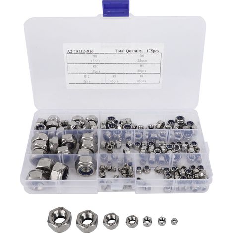 Écrous autobloquants en acier inoxydable 304, assortiment M3 M4 M5 M6 M8 M10 M12, kit hexagonal de fixation de 175 pièces (1/5)