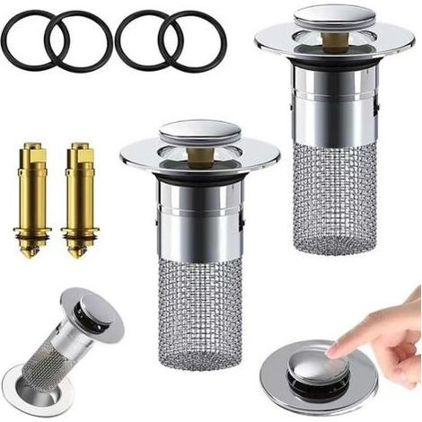 2 Pièces Bonde de lavabo Pop Up Universel, Filtre de vidange en Acier Inoxydable, Bouchon de lavabo Anti-colmatage avec Crépine pour Baignoire, Cuisine, Lavabo (1/5)