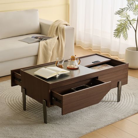 Table basse 105x50x41.5 cm - Avec 2 tiroirs - Plateau en verre - Pieds en métal - MDF - Marron