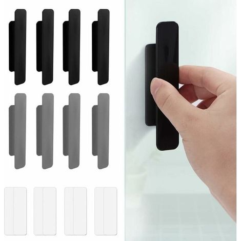 8-piece self-adhesive door handle set – Drill-free installation – For smooth surfaces – Ergonomic grey and black design (1/5)