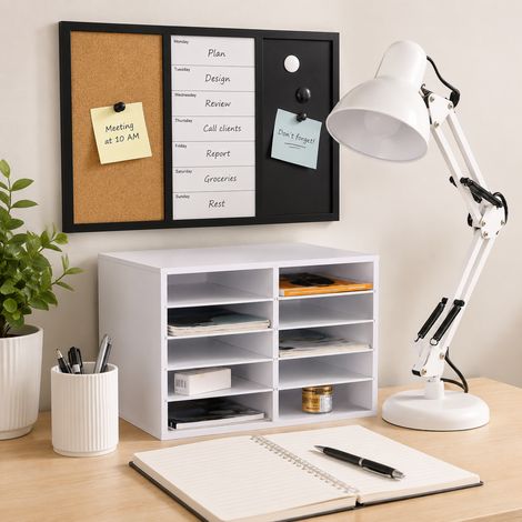 Juego de escritorio retro para oficina en casa (3 piezas): lámpara de escritorio giratoria, organizador de documentos con 10 compartimentos y tablón de notas (1/5)