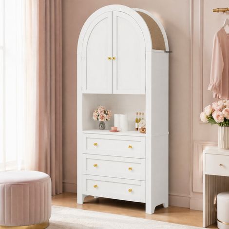Buffet haut 70 x 35 x 180 cm avec 3 tiroirs, portes cintrées, blanc DESVIAE (1/5)