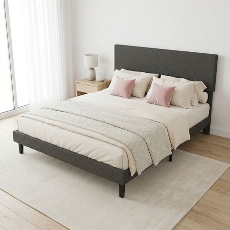 Lit Double 140x200 cm Adulte,Cadre de Lit Tapissé en Tissu Lin Gris,Tête de Lit Côtelée, Sommier à Lattes en Bois,Cadre Métallique, Design Moderne Scandinave,Capacité de Charge 350 kg,pour 2 Personnes (1/5)