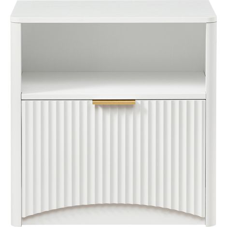 Table de chevet blanc avec tiroir ouvert et poignées dorées, compacte, pour chambre et salon (1/5)