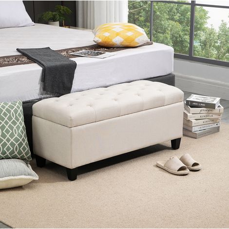 Banc coffre rembourré en polyester effet lin, crème, 100 x 40 x 44 cm (1/5)