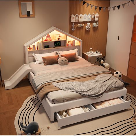 Cama infantil 140x200 cm beige de terciopelo con tobogán reversible, LED, puerto de carga y cajón (1/5)