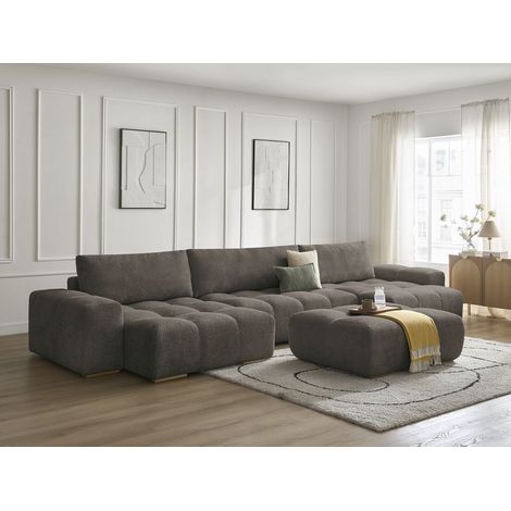 BOBOCHIC - Canapé panoramique convertible coffre ANAKIN tissu bouclette avec pouf Marron (1/5)