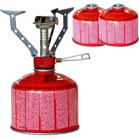 Réchaud gaz portable 4.5 kW + 2 cartouches gaz 230gr - Brûleur randonnée anti-vent Pliable Léger Camping Haute montagne KEMPER