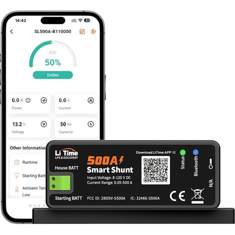 Smart Shunt 500A, Moniteur de Batterie Bluetooth 8V-120V avec SOC, Alarmes et Appli pour Batteries Lithium/LiFePO4 12V, AGM, GEL, Camping-Car, Bateau, Stockage d’Énergie Domestique (1/5)