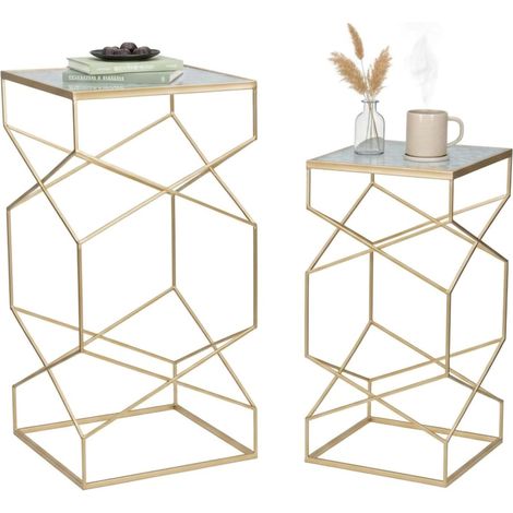 Dmora - Mesa de café George, Mesa de centro baja, Revistero para sofá, Estante de la sala de estar, Oro, 50x50 h100 cm