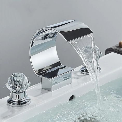 Luxuriöse, goldfarbene Wasserfall-Waschtischarmatur, Messing-Badewannenarmatur mit Kristallglas, Doppelgriff-Badewannenarmatur, Warm-/Kaltwasser-Mischbatterie (1/5)
