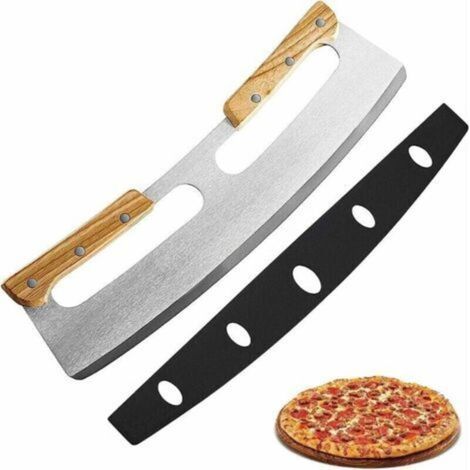 Cortador de pizza, cuchillo para pizza de acero inoxidable de 35 cm con mango de madera, cortador de pizza profesional con mango de madera maciza. (1/5)