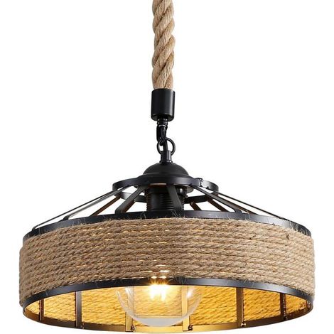 Suspension Lustre Industrielle Vintage, E27 Luminaire Plafonnier en Métal, Corde de Chanvre Lampe de Plafond Retro , 40CM (1/4)