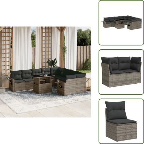 The Living Store Salon de jardin avec coussins 10 pcs gris résine tressée - Ensemble Salon De Jardin - Mobilier Extérieur - Jardin Design - Chaise Lounge - Table Basse Extensible