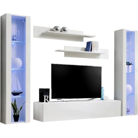 Mobile TV FLY A2 design, colore bianco lucido + LED. Mobile sospeso moderno e alla moda per il tuo soggiorno.