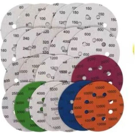 Lot de 21 Disques de Ponçage, Rond Papier de Verre, 75mm Disques Abrasifs Auto-Agrippants, Disques Abrasif de Ponçage Humide et Sec (60-10000) pour Le Flocage, Papier Abrasif,Avec ventouse de po (1/4)
