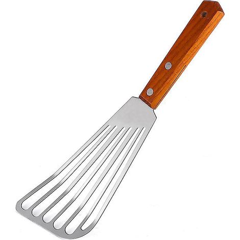 Spatule à poisson en inox, manche bois, pelle fendue culinaire, ustensile de cuisson antiadhésif pour friture, retourneur métallique robuste (1/5)