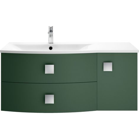 Gentleshaw Contemporary 1 Door 2 Drawer Left-Hand Wall Hung Vanity Unit with Curved Basin, Hunter Green, 1000mm