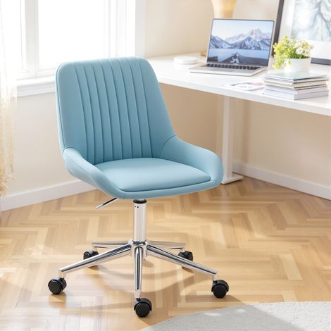 Chaise de bureau réglable en hauteur avec 5 roulettes. Fabriquée en silicone PU, mousse et acier. Dimensions : 52 x 58 x 80-90 cm. Bleue.
